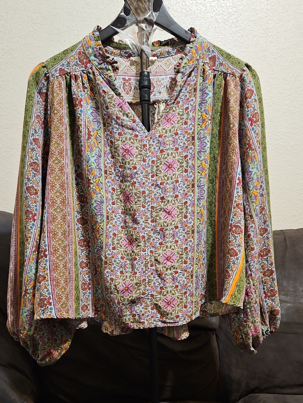 easel Floral Boho Peasant Blouse in Pink, Green & Yellow